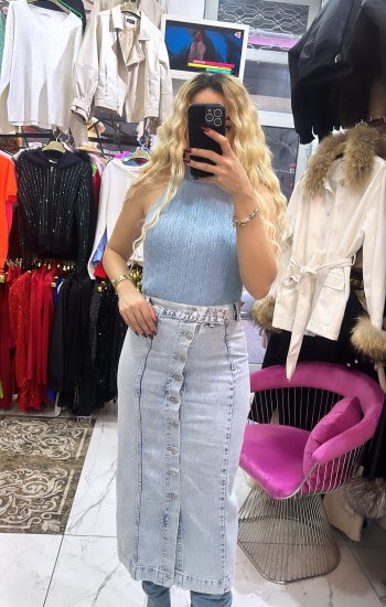 Düğmeli Jean Etek