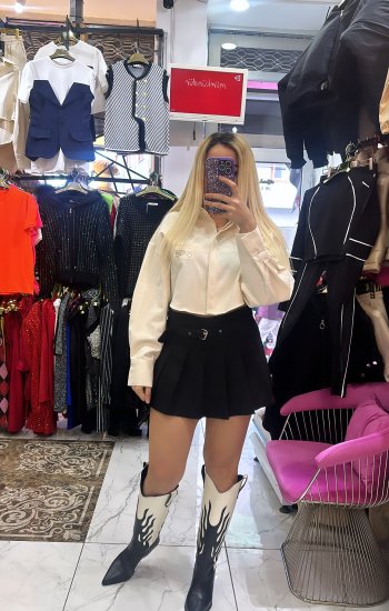 Krem Keten Crop Gomlek