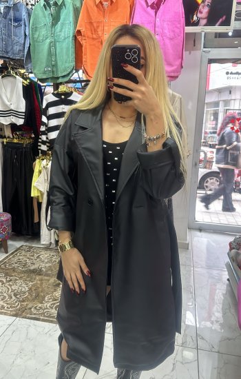 Siyah Düğmeli Deri Trenc mont
