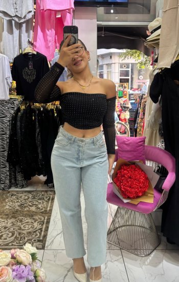 Siyah taşlı Crop